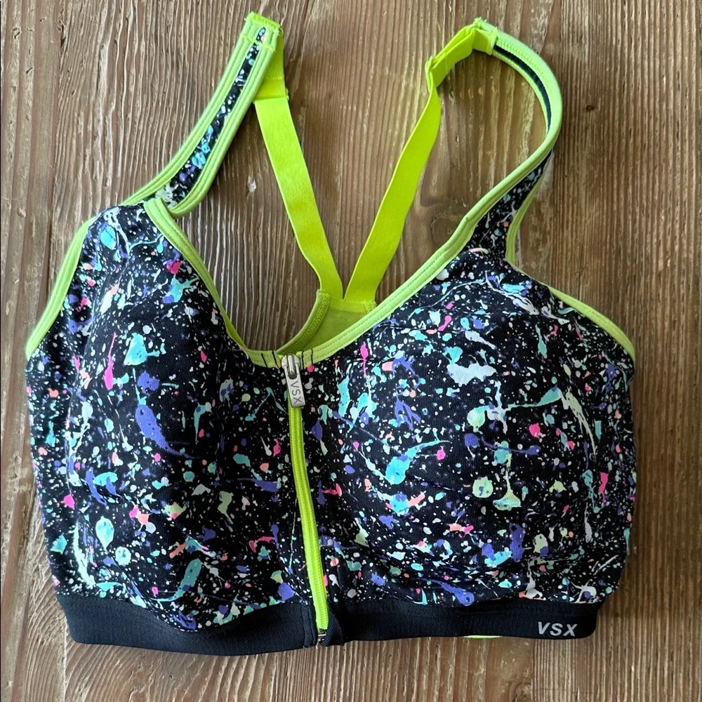 VSX Victoria Secret knockout front close Black and Neon Sports Bra